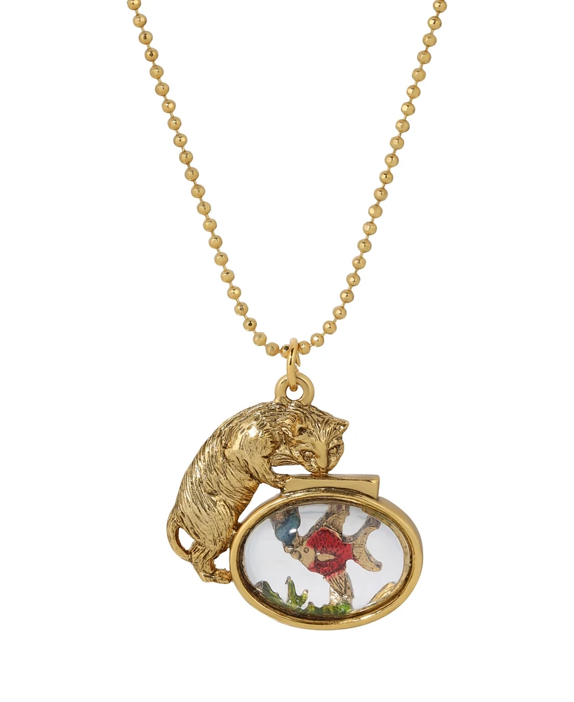 2028 Gold-Tone Cat Clear Acrylic Fishbowl Necklace