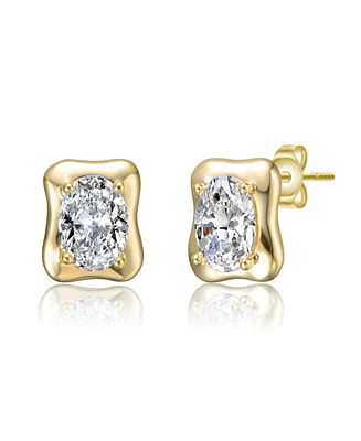 Sterling Silver 14K Gold Plated with Clear Cubic Zirconia Wavey Square Stud Earrings