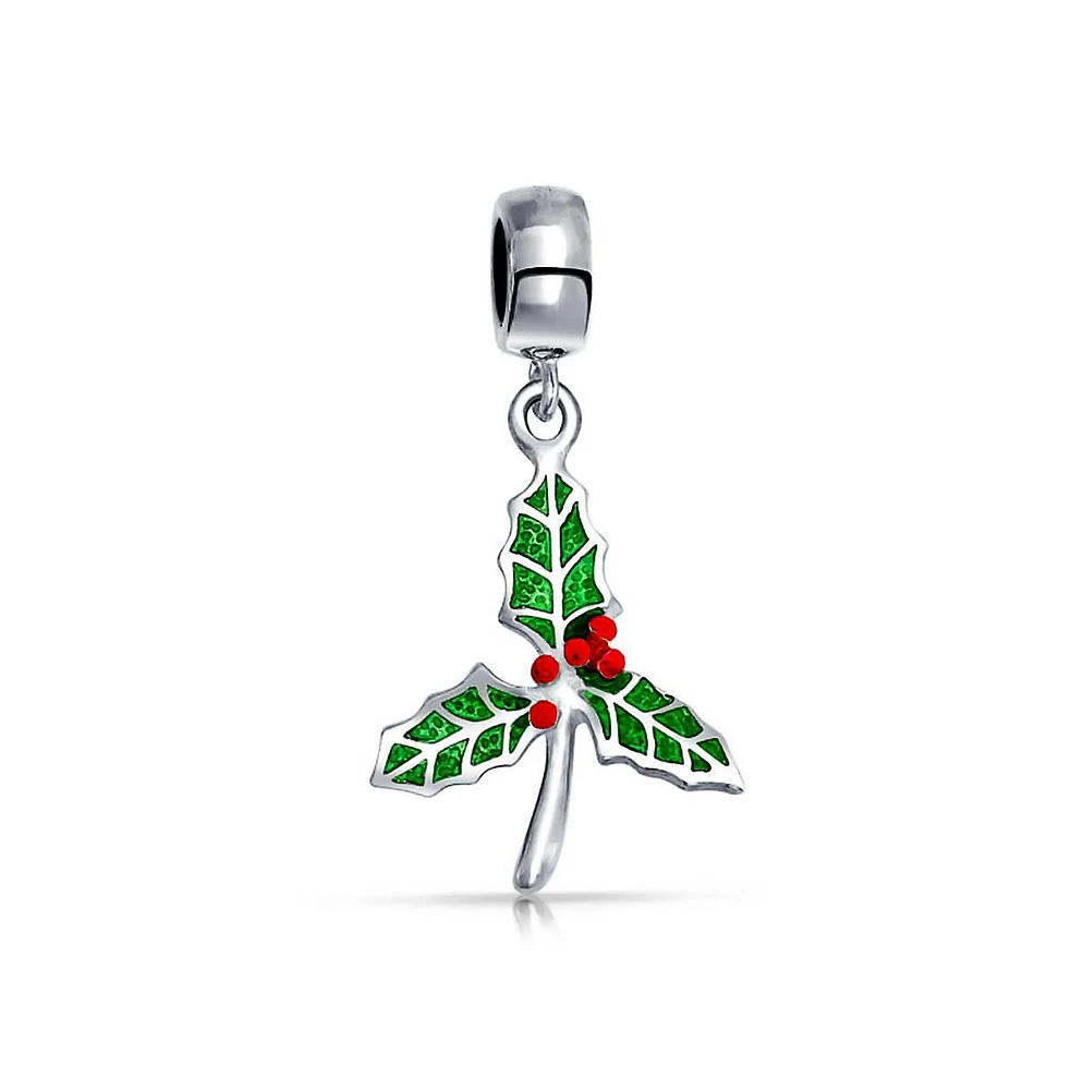 Bling Jewelry Christmas Charm Bead Green Mistletoe Holly Dangle Sterling Silver for Bracelets