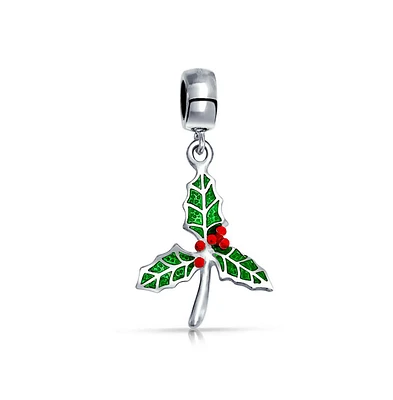 Bling Jewelry Christmas Charm Bead Green Mistletoe Holly Dangle Sterling Silver for Bracelets