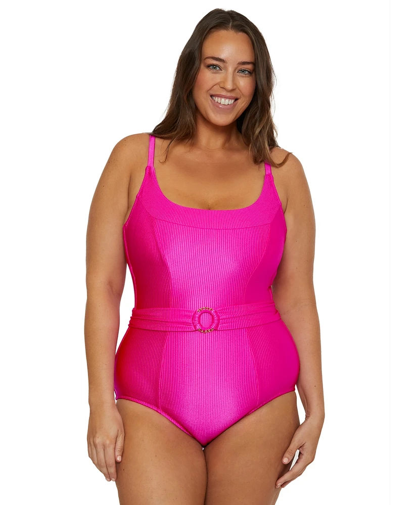 Becca Etc Plus Monte Carlo Ring Belted Rib One-Piece Swimsuit