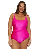 Becca Etc Plus Monte Carlo Ring Belted Rib One-Piece Swimsuit