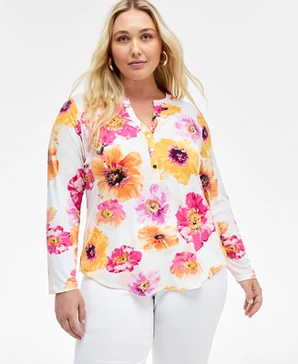 INC Plus Printed Split-Neck Top, Exclusively at Macy's