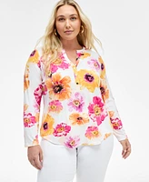 INC Plus Printed Split-Neck Top, Exclusively at Macy's