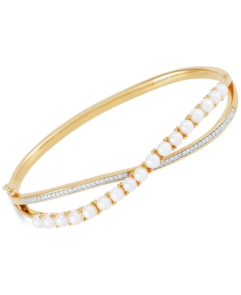 Honora Cultured White Ming Pearl (3-1/2-4mm) & Diamond (1/4 ct. t.w.) Bangle Bracelet in 14k Gold-Plated Sterling Silver