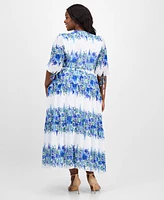 Taylor Plus Printed Tie-Sleeve Tiered Maxi Dress