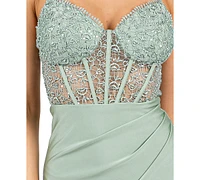 B Darlin Juniors' Strappy Sequinned-Lace Illusion-Corset Maxi Dress