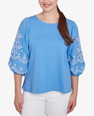 Ruby Rd. Petite Bella Blue Embroidered Three Quarter Sleeve Top