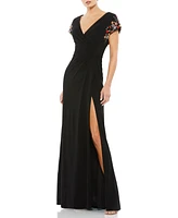 Women's Embellished Sleeve Jersey Wrap Gown