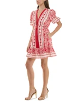 Taylor Petite Printed V-Neck Puff-Sleeve Ruffled-Hem Dress
