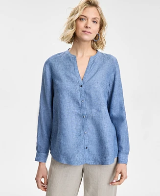 Charter Club Women's Button-Down Roll-Tab-Sleeve Woven 100% Linen Top, Exclusively at Macy's