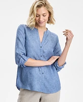 Charter Club Women's Button-Down Roll-Tab-Sleeve Woven 100% Linen Top, Exclusively at Macy's