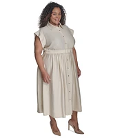 Dkny Plus Cap-Sleeve Belted Midi Shirtdress