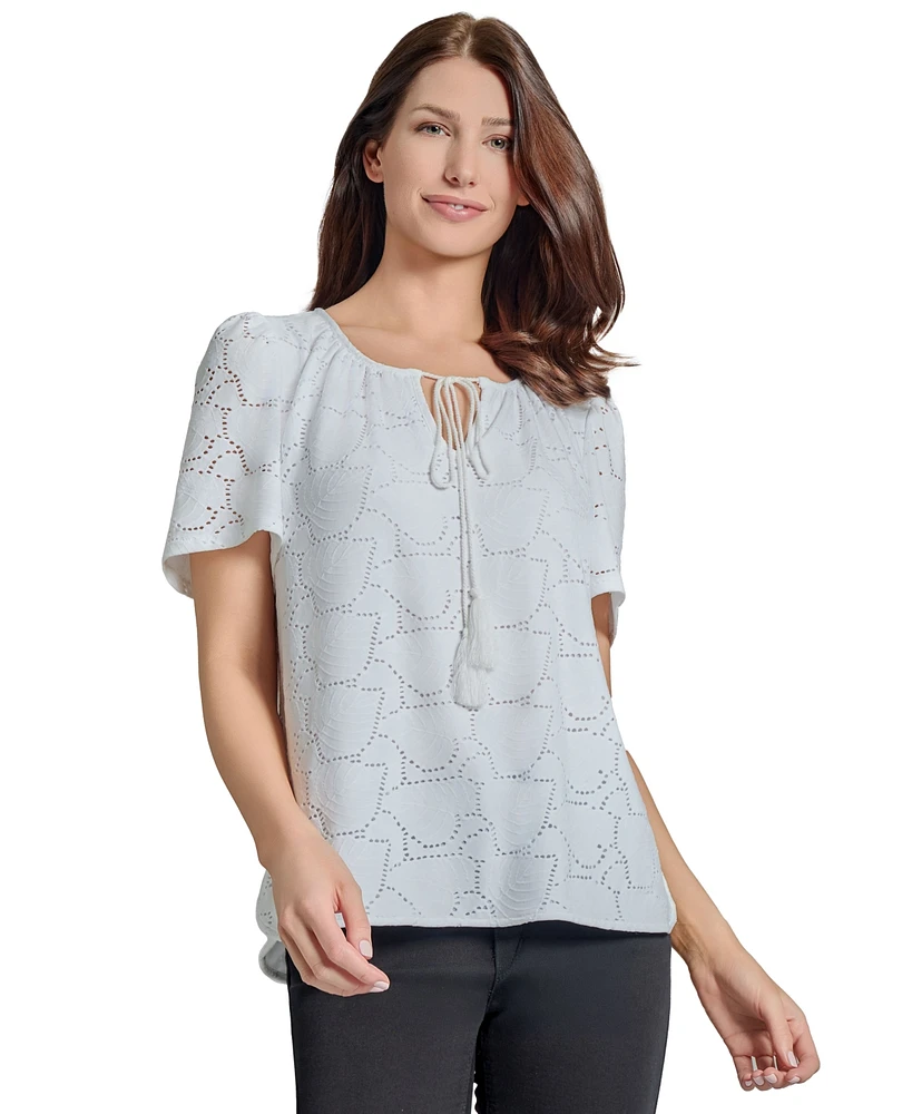 Jones New York Women's Eyelet Tie-Neck Top