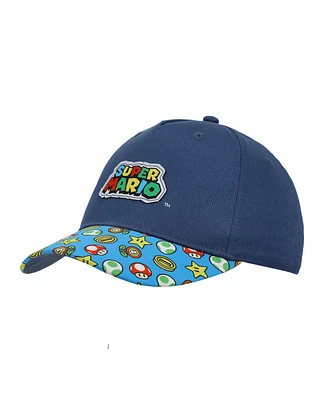 Super Mario Boys Bros Logo & Power-Ups Youth Blue Traditional Adjustable Hat