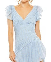 Women's Asymmetrical Ruched Gown With Flutter Sleeves