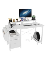 47" Office Desk with Power Outlet, 2 Monitor Stands, 2 Drawers, Side Pocket, Easy to Assemble, Frame Stability Reversible, Use for Home Desk, Computer