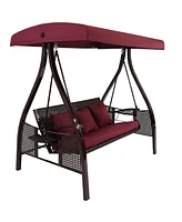 3-Person Patio Swing with Side Tables - Adjustable Tilt Canopy - 600 lb Capacity - Steel and Polyester - Merlot