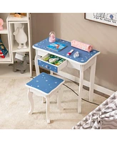 Princess Vanity Table and Chair Set with Tri-Folding Mirror and Snowflake Print