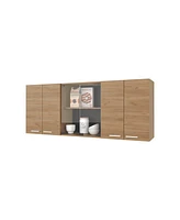 Fm Furniture Lydia Wall Cabinet kitchen in Melamine wit 4 Doors and Glass Storage, Natural Oak