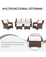 5-Piece Rattan Outdoor Conversation Set: 2 Ottomans, 2 Single Chairs, 1 Couch