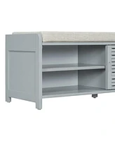 Distressed Shutter Storage Bench with Acacia Veneer for Retro Charm for Living Room