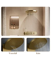 16-inch Thermostatic Shower System 2-Function Wall Mounted All-Copper Set with Rainfall & Waterfall Modes 59" Hose Ergonomic Handheld, Brushe