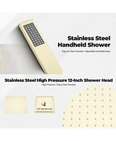 12-Inch Luxury Thermostatic Shower System with Body Jets, Stainless Steel Square Rainfall Shower Head, and Handheld Spray, 6 Side Body Jets, Brushed G