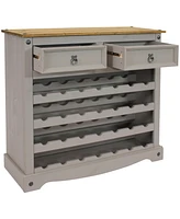 34.5-Inch H 28-Bottle Solid Pine Wine Rack Table - Four 7-Bottle Rows - 2 Drawers - Zinc Alloy Drawer Pulls - Gray
