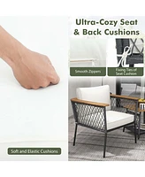 Gymax Set of 3 Furniture Set w/ 2-Tier Coffee Table Acacia Wood Armrests Tabletop Patio