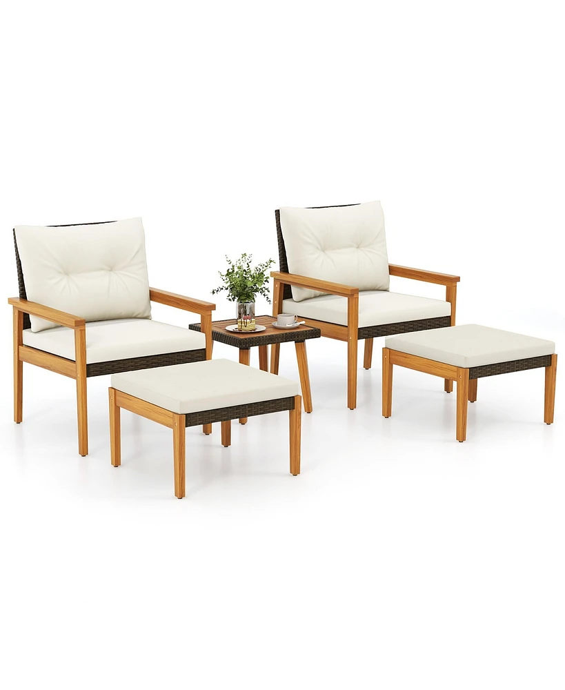 Gymax 5 Piece Rattan Furniture Set Wood Frame Chairs & Ottomans w/ Square Coffee Table