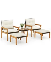 Gymax 5 Piece Rattan Furniture Set Wood Frame Chairs & Ottomans w/ Square Coffee Table