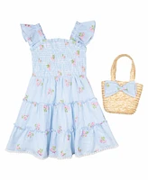 Rare Editions Little and Toddler Girls 2-Piece Floral Schiffli Seersucker Dress with Bag Set