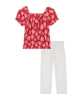 Tommy Hilfiger Toddler and Little Girls 2-Piece Floral Elasticized Crop Top French Terry Wide Leg Pant Set