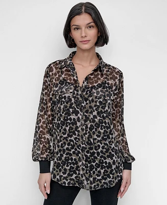 Dkny Women's Chiffon Animal-Print Semi-Sheer Blouse