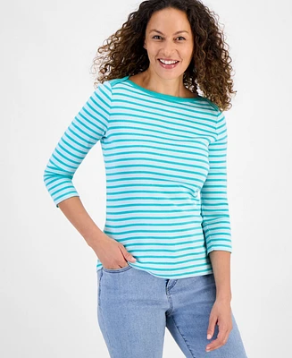 Style & Co Petite Cotton Striped Boat-Neck 3/4-Sleeve Top, Exclusively at Macy's