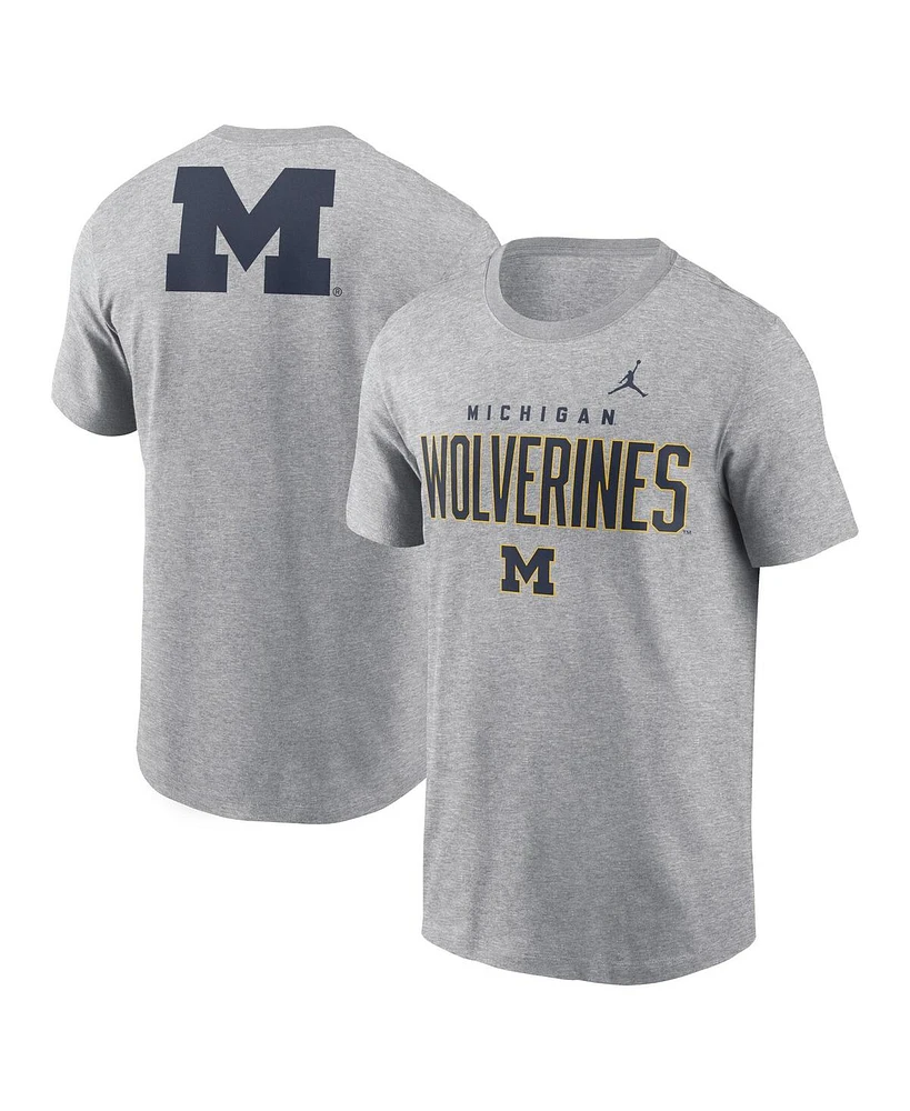 Jordan Men's Heather Gray Michigan Wolverines Campus 2-Hit Primary Mascot T-Shirt