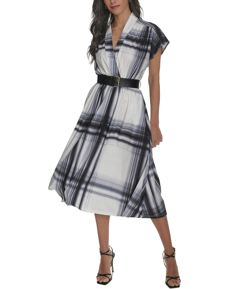 Calvin Klein Women's Plaid Belted A-Line Dress