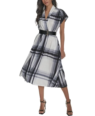 Calvin Klein Women's Plaid Belted A-Line Dress