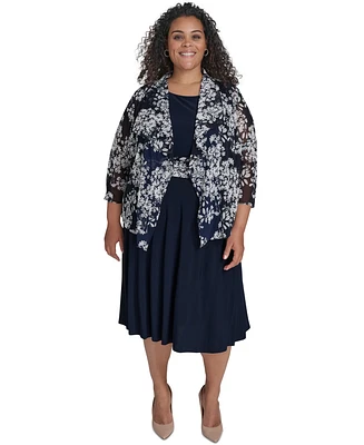 Jessica Howard Plus 2.Pc Floral-Chiffon 3/4-Sleeve Jacket & Sleeveless Midi Dress