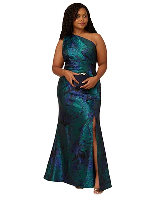 Adrianna Papell Plus Size One-Shoulder Jacquard Gown
