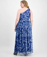 B Darlin Trendy Plus Printed One-Shoulder Gown