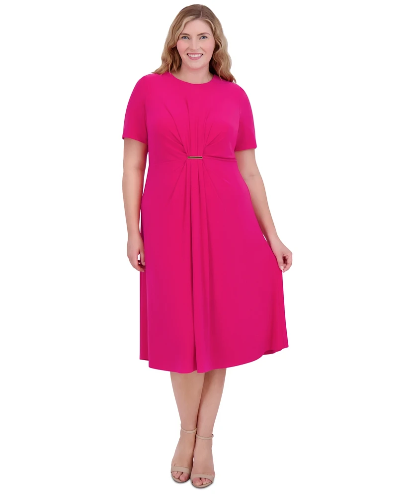 Jessica Howard Plus Jewel-Neck Center-Pleat Midi Dress