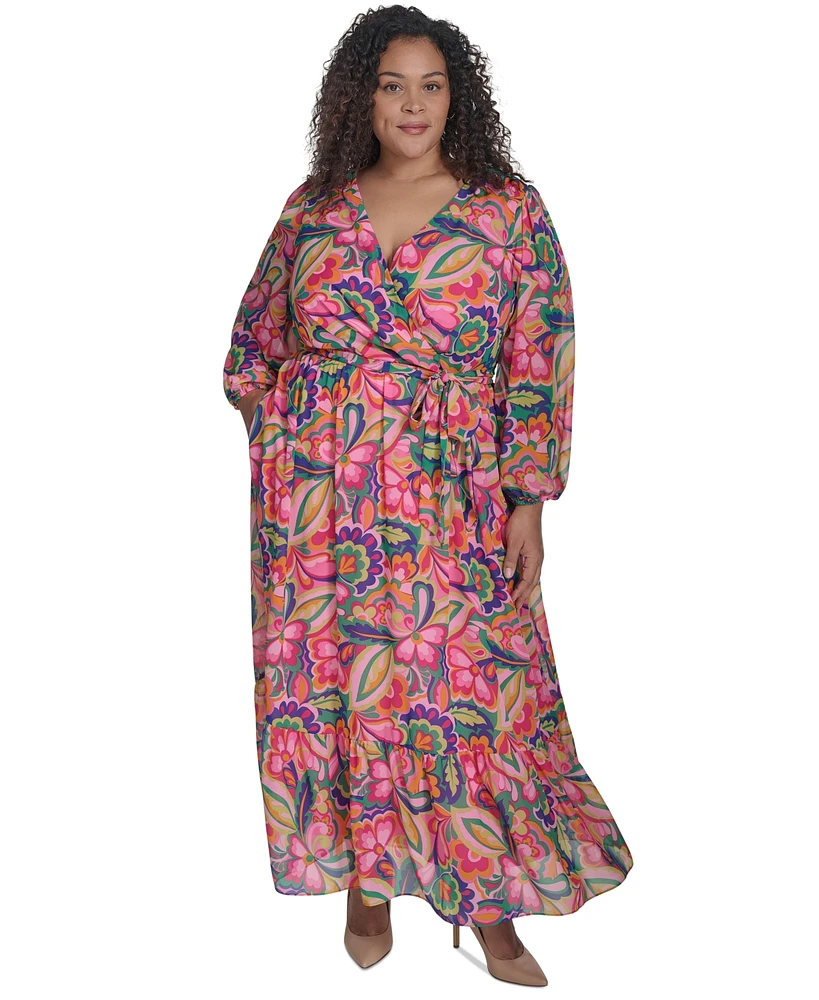 Jessica Howard Plus Printed Tie-Waist Blouson-Sleeve Maxi Dress