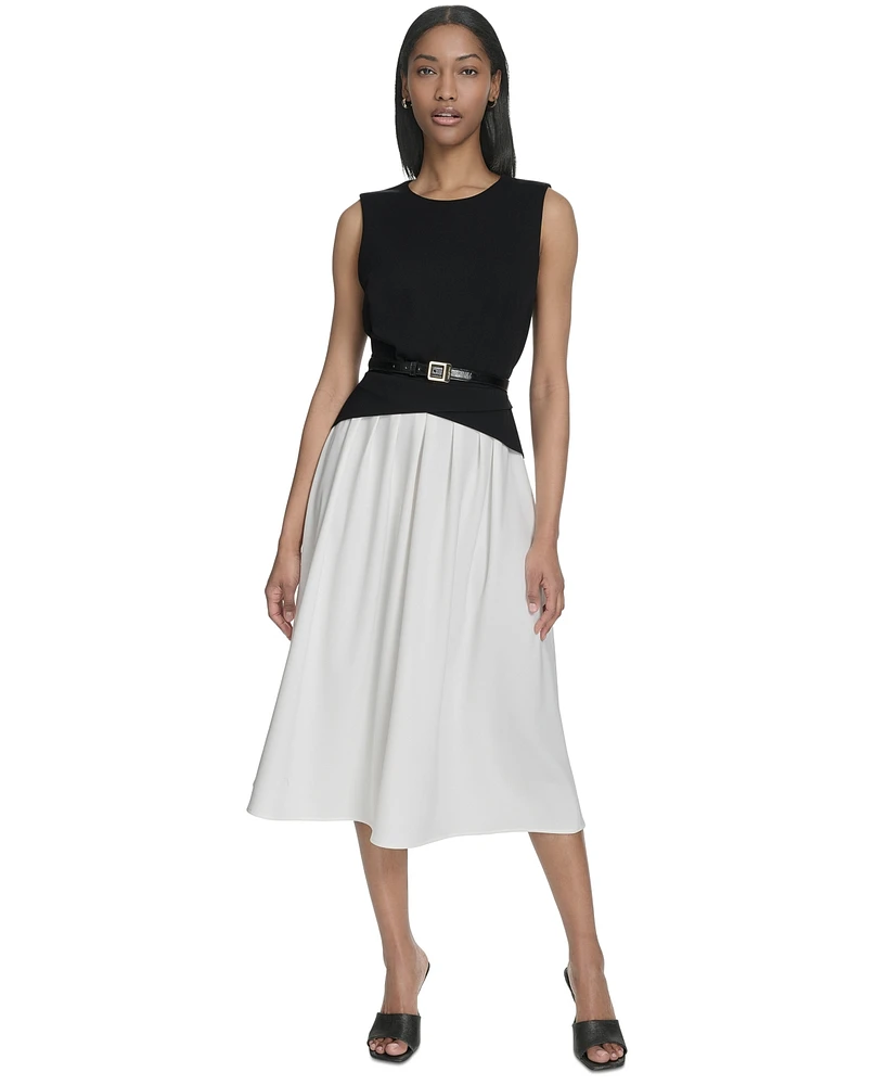 Halston Women's Sleeveless Split-Color Flared Midi Dress