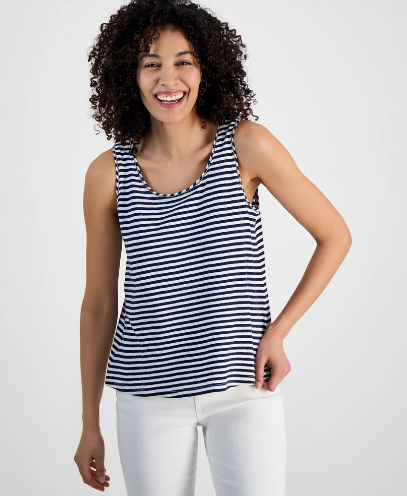 Charter Club Petite Linen-Blend Striped Bead-Trim Scoop-Neck Top, Exclusively at Macy's