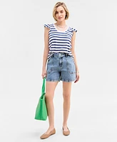 On 34th Women's Striped Flutter-Sleeve Voop-Neck T-Shirt, Exclusively at Macy's