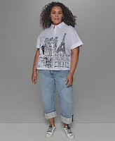 Karl Lagerfeld Paris Plus Size City Scene Poplin Short Sleeve Shirt Crystal Cuffed Jeans