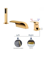 Dual-Function Bathtub Faucet Set with Handheld Shower Head Brass Tub Spout Waterfall Bathtub Shower Faucet, Brushed Gold