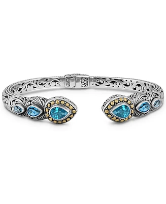 Devata London Blue Topaz, Swiss Blue Topaz, Blue Topaz & Bali Filigree Cuff Bracelet in Sterling Silver and 18K Gold Accents